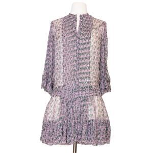 Vintage Roberto Cavalli Rose Print Semi-Sheer Pintuck Sequin Drop Waist Dress XS